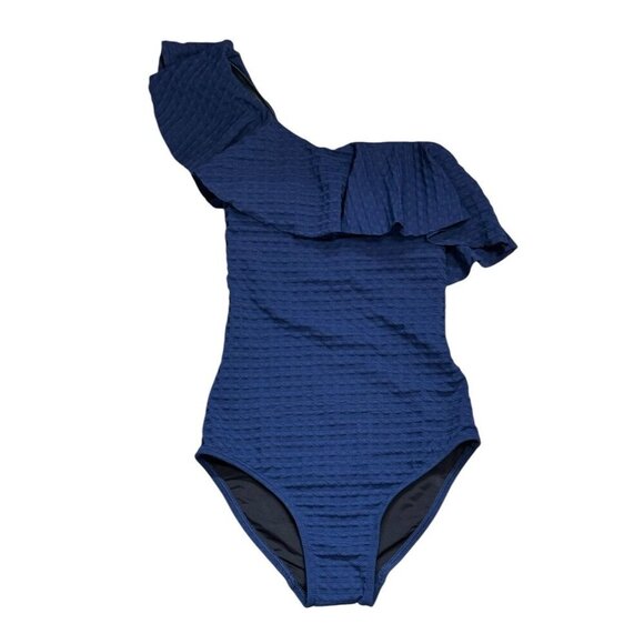 Shoshanna Sz 0 Swimsuit Blue One Shoulder Ruffle Neck One Piece Boho Classic - Picture 3 of 5